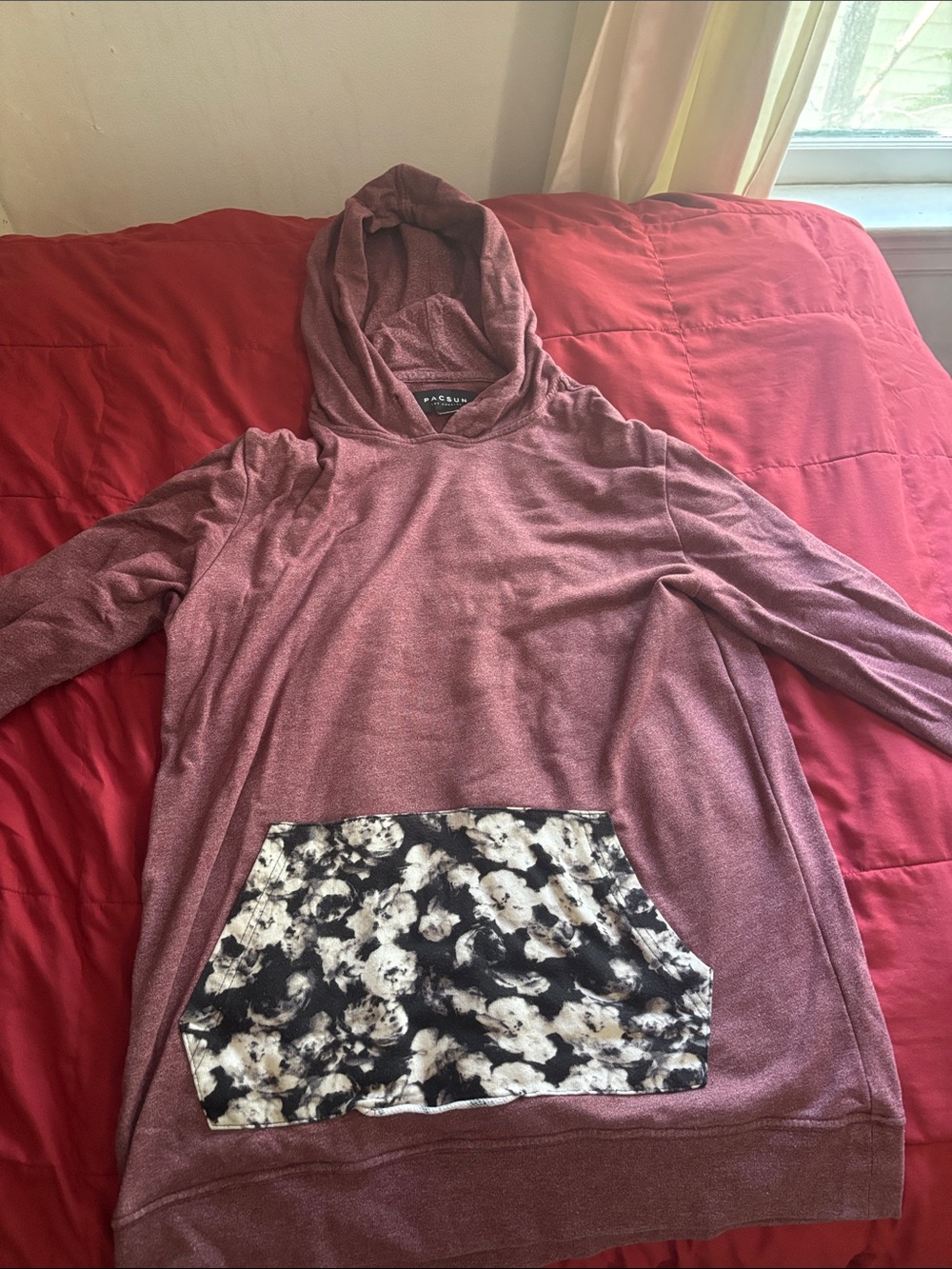 PacSun Maroon Hooded Pullover with Black & White Floral Pocket